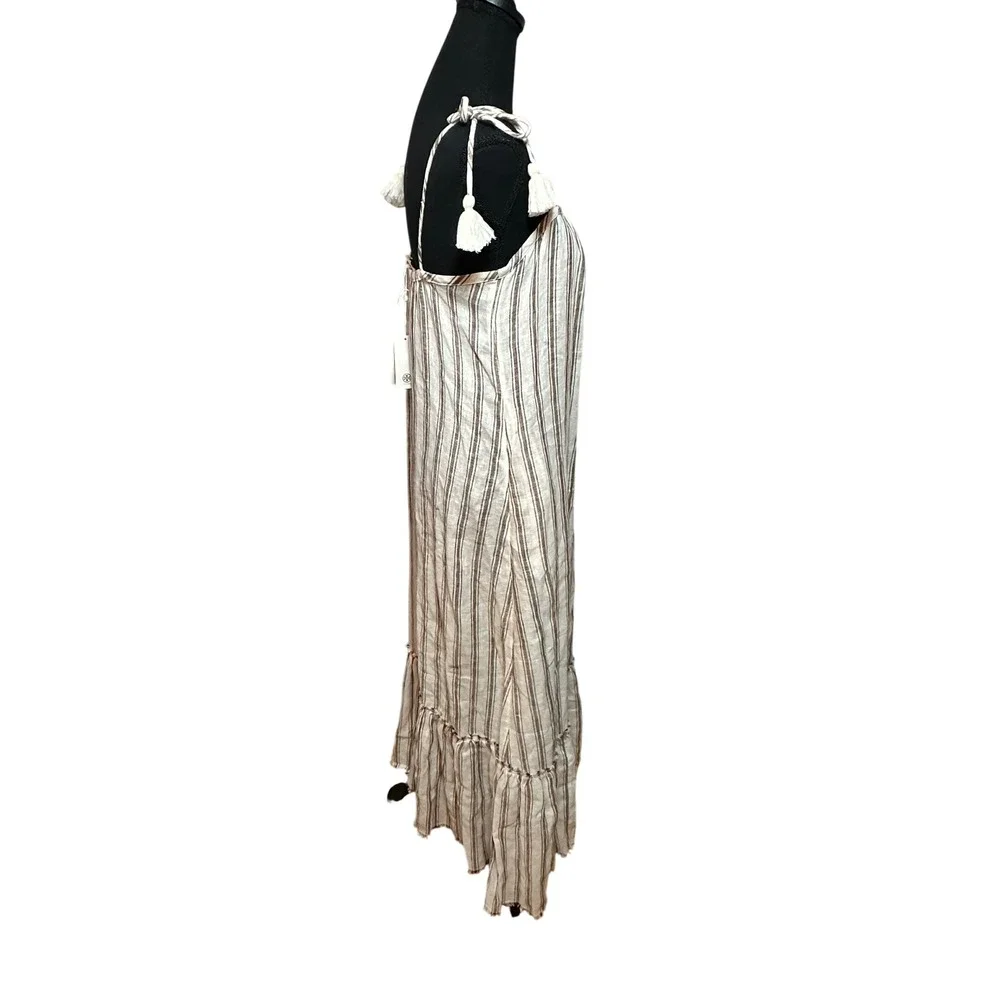 Tory Burch Striped Linen Maxi Dress Brown Cream Tassel Tie Straps 87512 Small